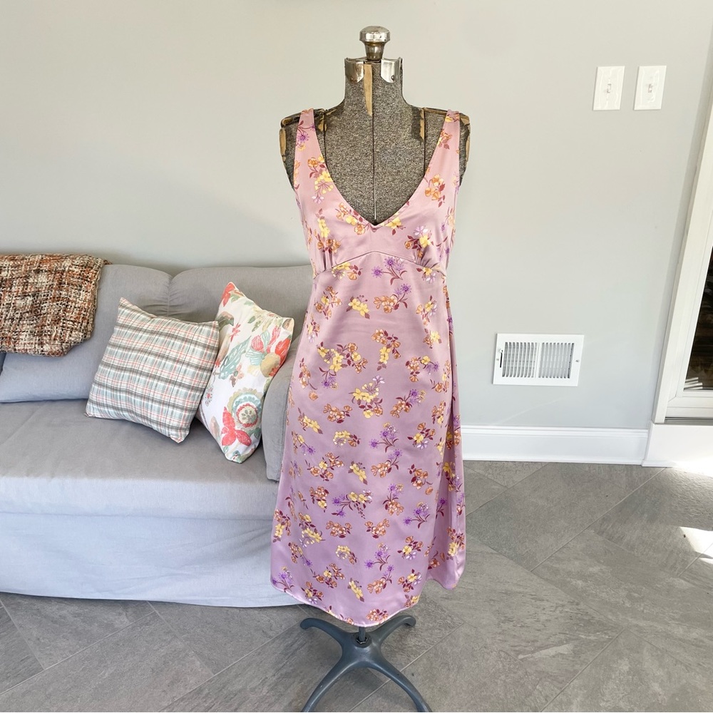 XS S M Purple and yellow floral, print slip style midi slilksatin dress